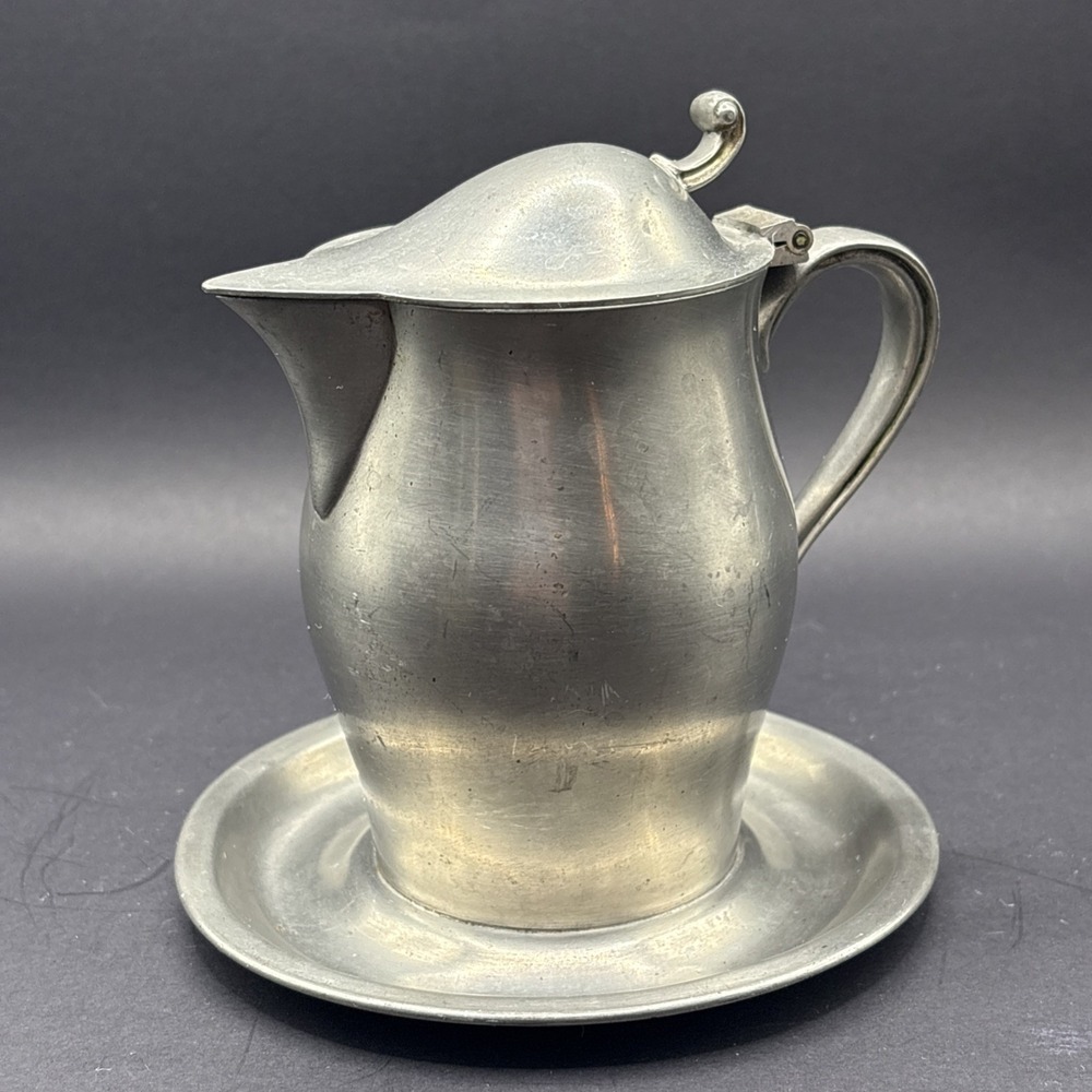 Vintage Signed International Pewter Lidded Creamer Syrup Pitcher Attached Plate
